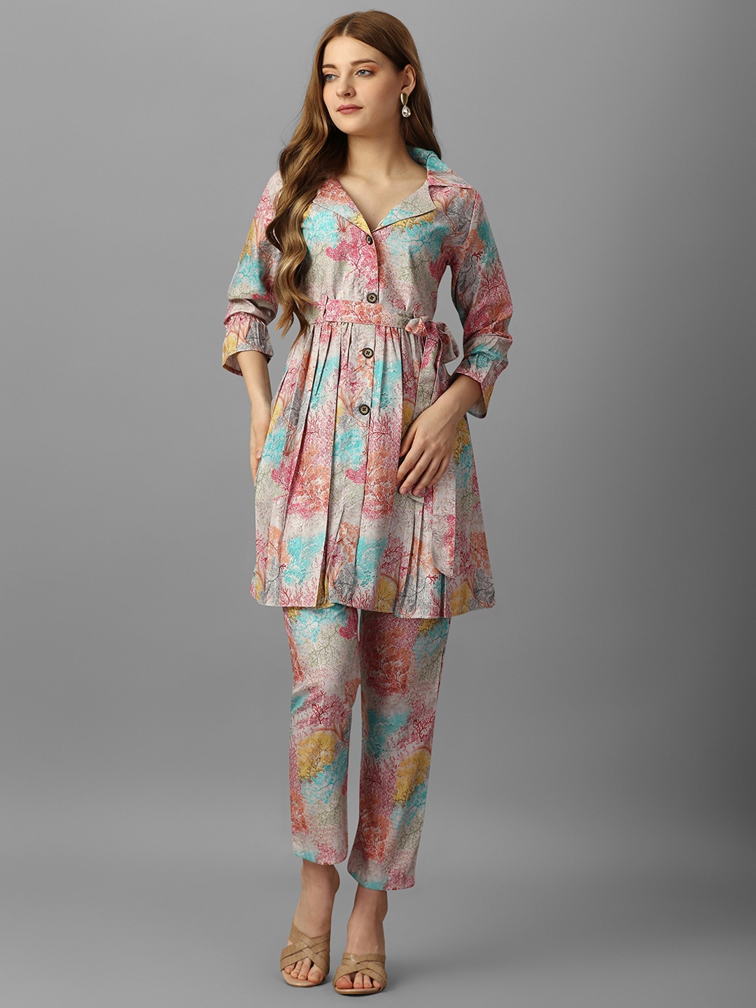 

ASPORA Printed Lapel Collar Neck Tunic Top With Trousers, Off white