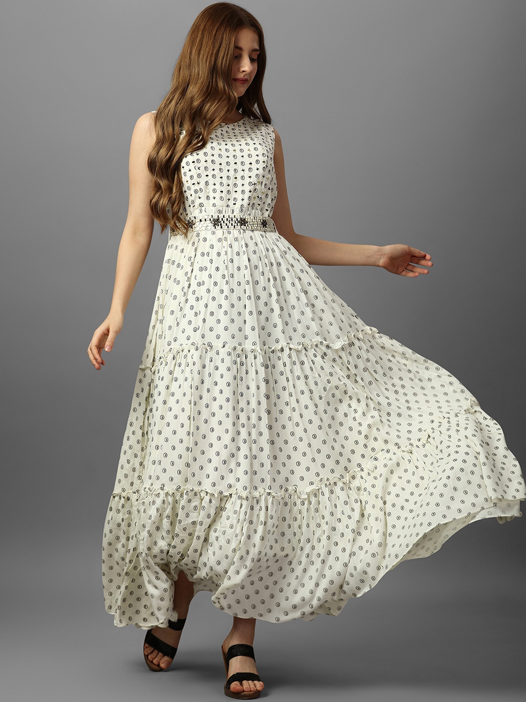

ASPORA Ethnic Motif Printed Fit & Flared Ethnic Dresses With Dupatta, White