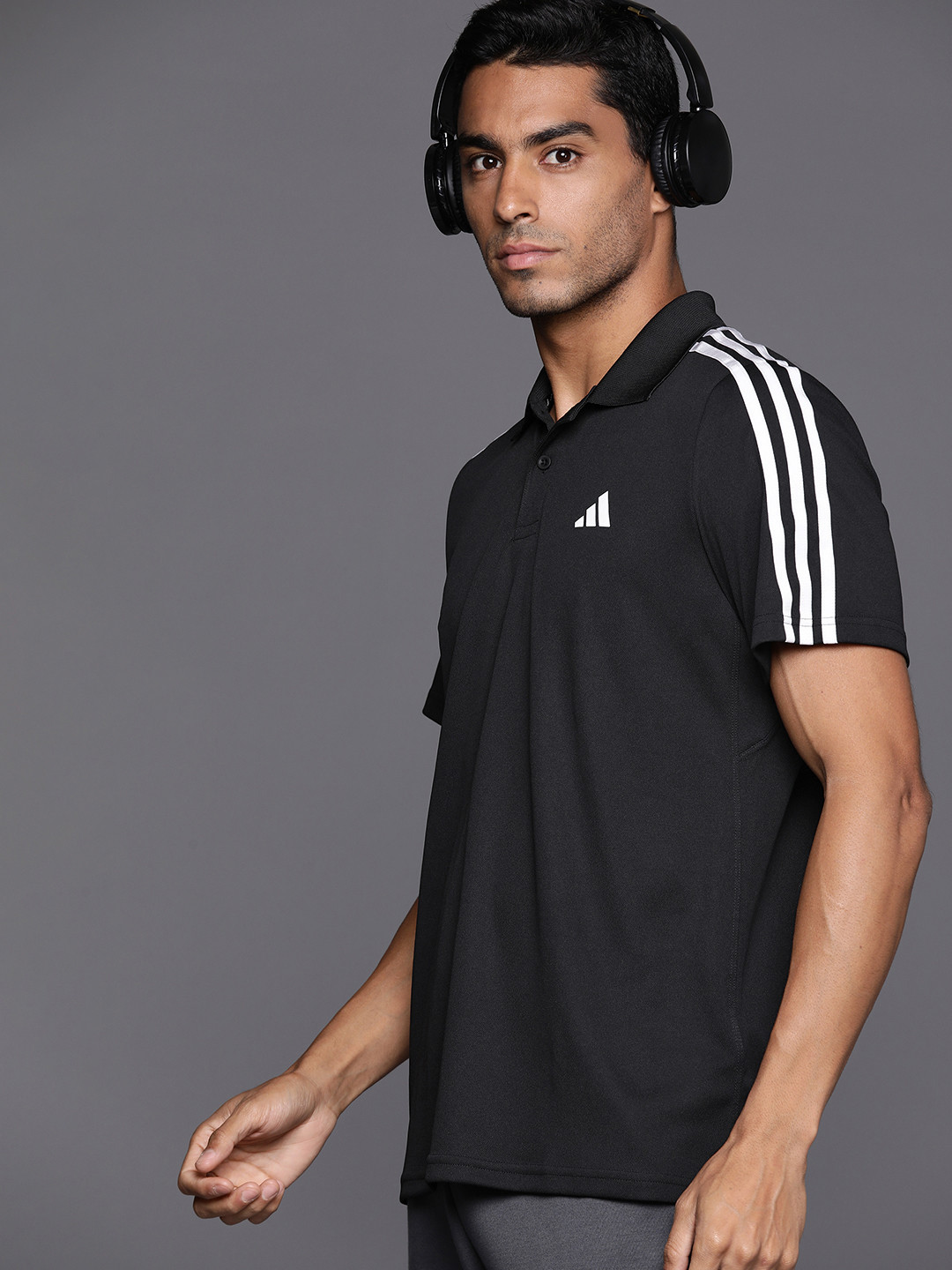 

ADIDAS Men 3-Striped Polo Collar T-shirt, Black
