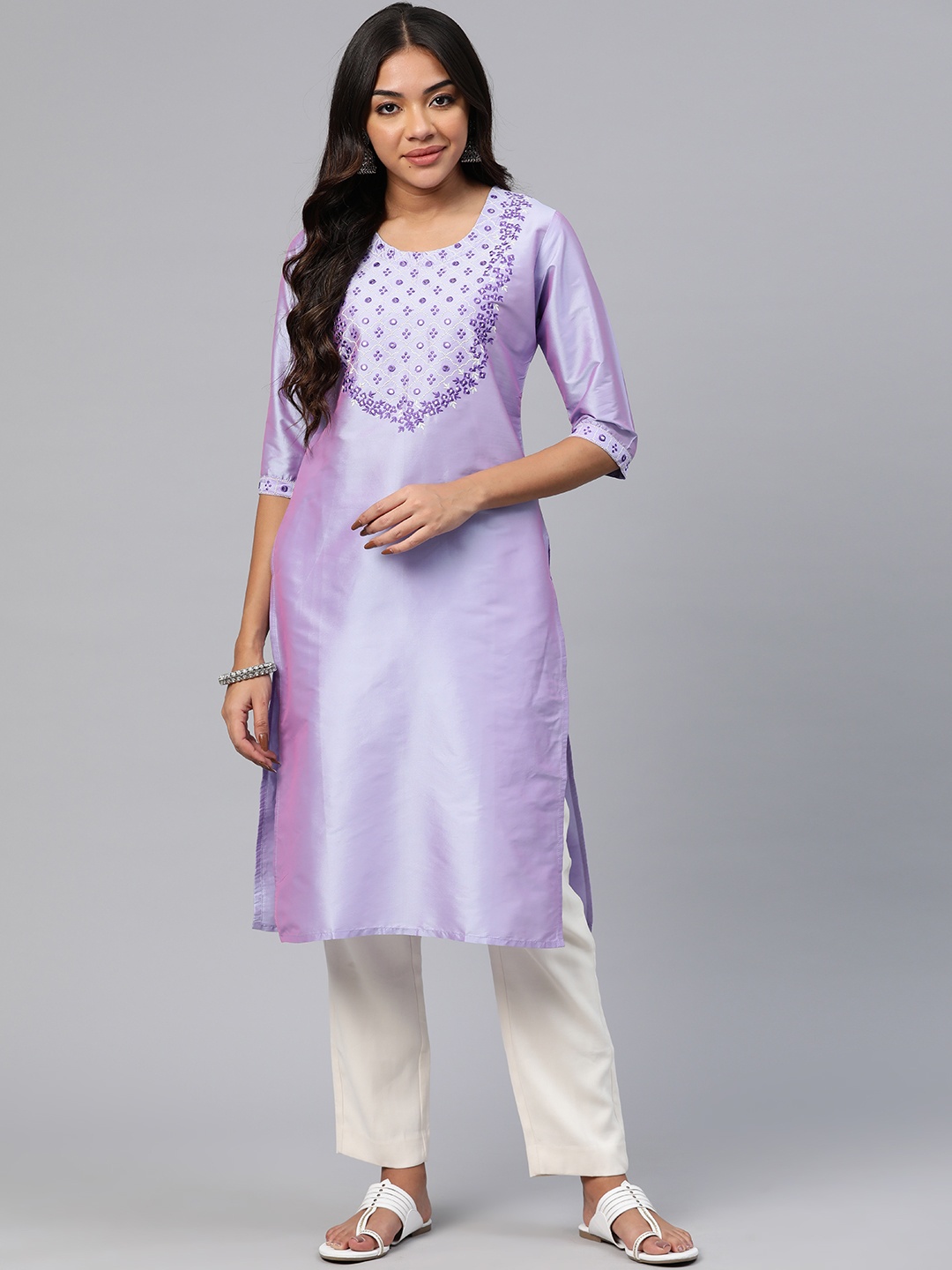 

V TRADITION Women Violet Floral Yoke Design Mirror Work Kurta