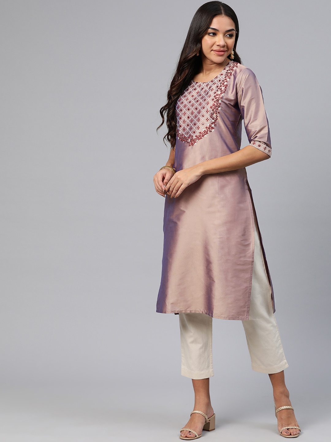 

V TRADITION Women Brown Floral Yoke Design Mirror Work Kurta