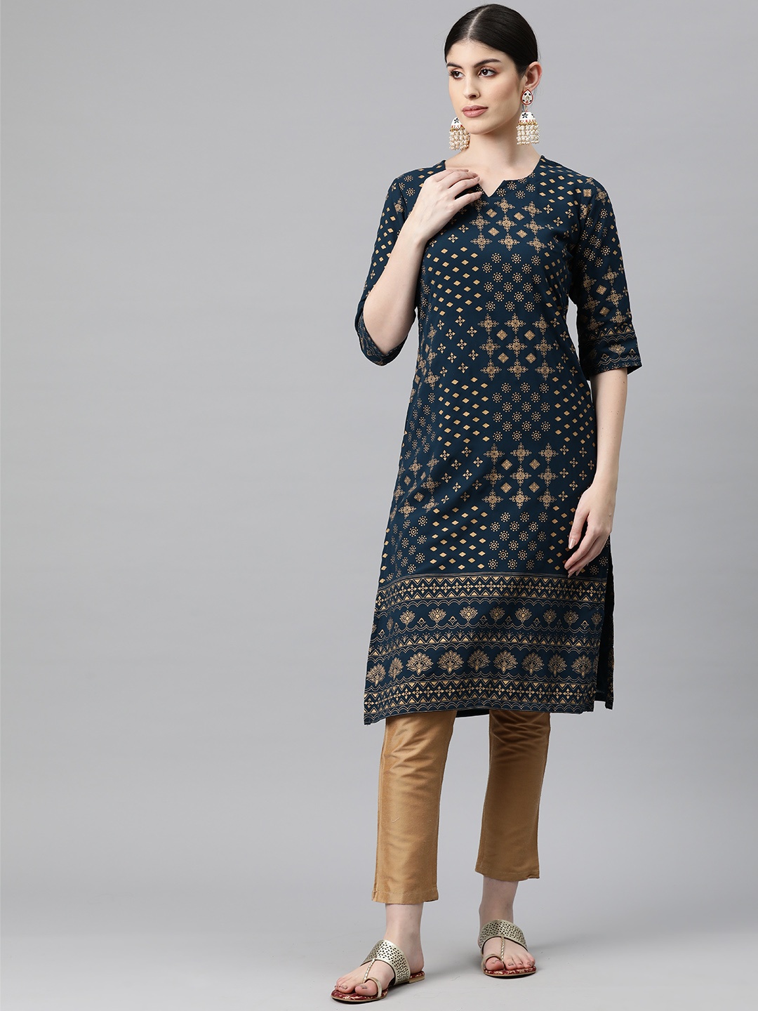 

V TRADITION Women Ethnic Motifs Printed Georgette Kurta, Navy blue