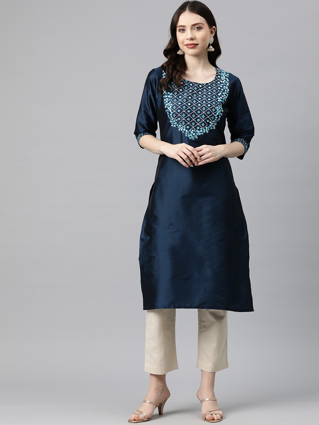 

V TRADITION Women Ethnic Motifs Yoke Design Mirror Work Kurta, Blue