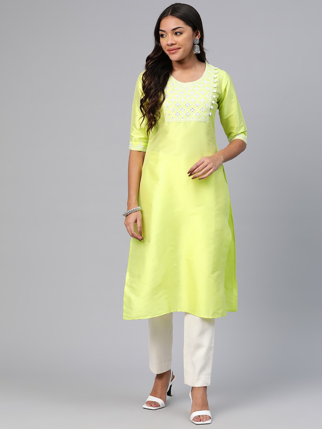 

V TRADITION Women Yoke Design Mirror Work Kurta, Lime green