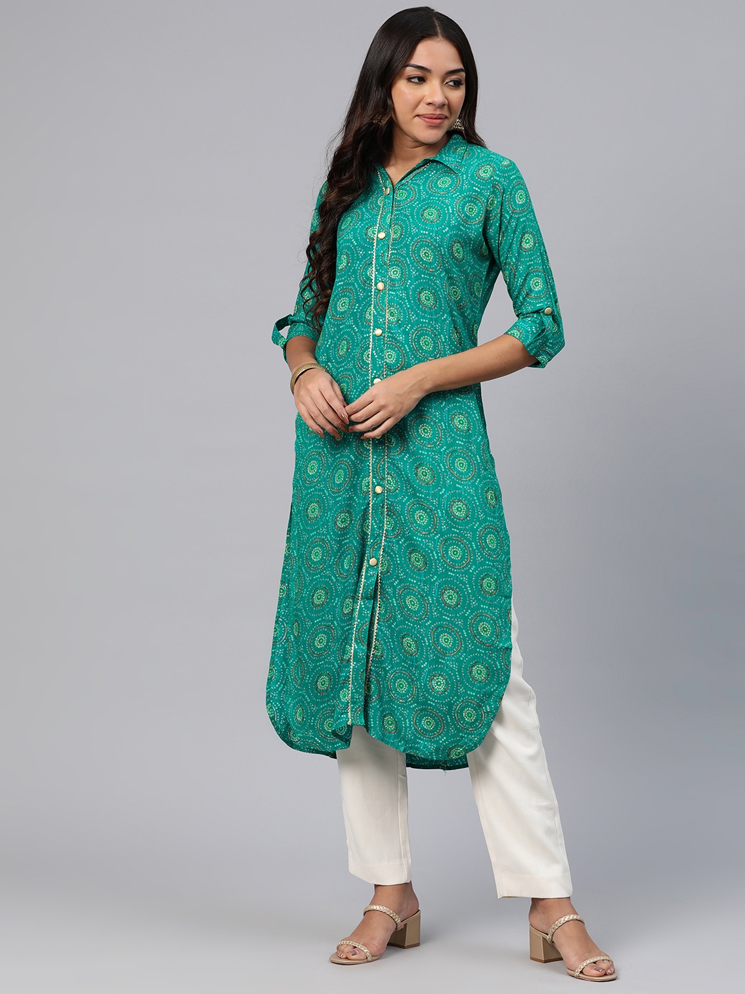 

V TRADITION Women Bandhani Printed Gotta Patti Pathani Kurta, Teal