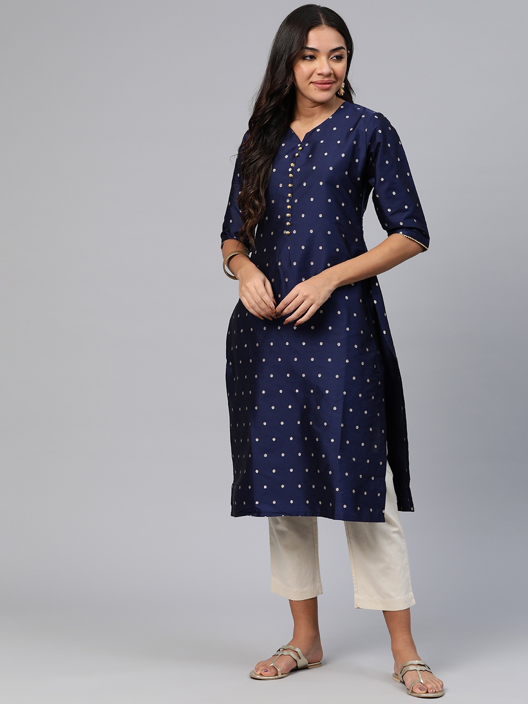 

V TRADITION Women Polka Dot Kurta, Navy blue