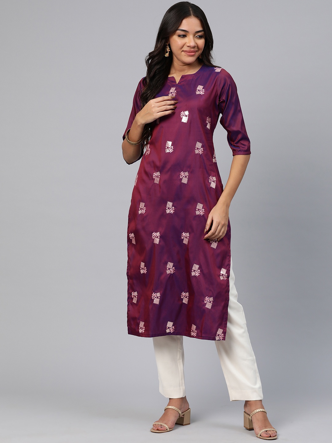 

V TRADITION Women Floral Embroidered Sequinned Kurta, Purple
