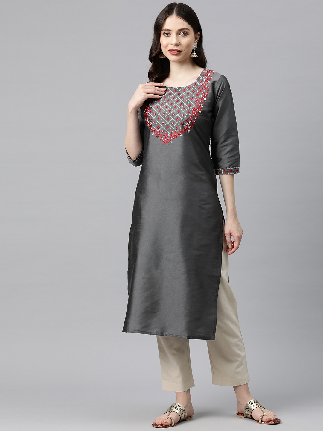 

V TRADITION Women Floral Yoke Design Mirror Work Kurta, Grey