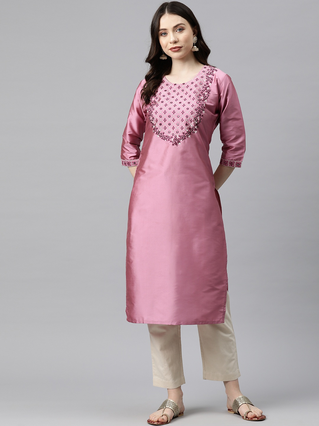 

V TRADITION Women Mauve Floral Yoke Design Mirror Work Kurta