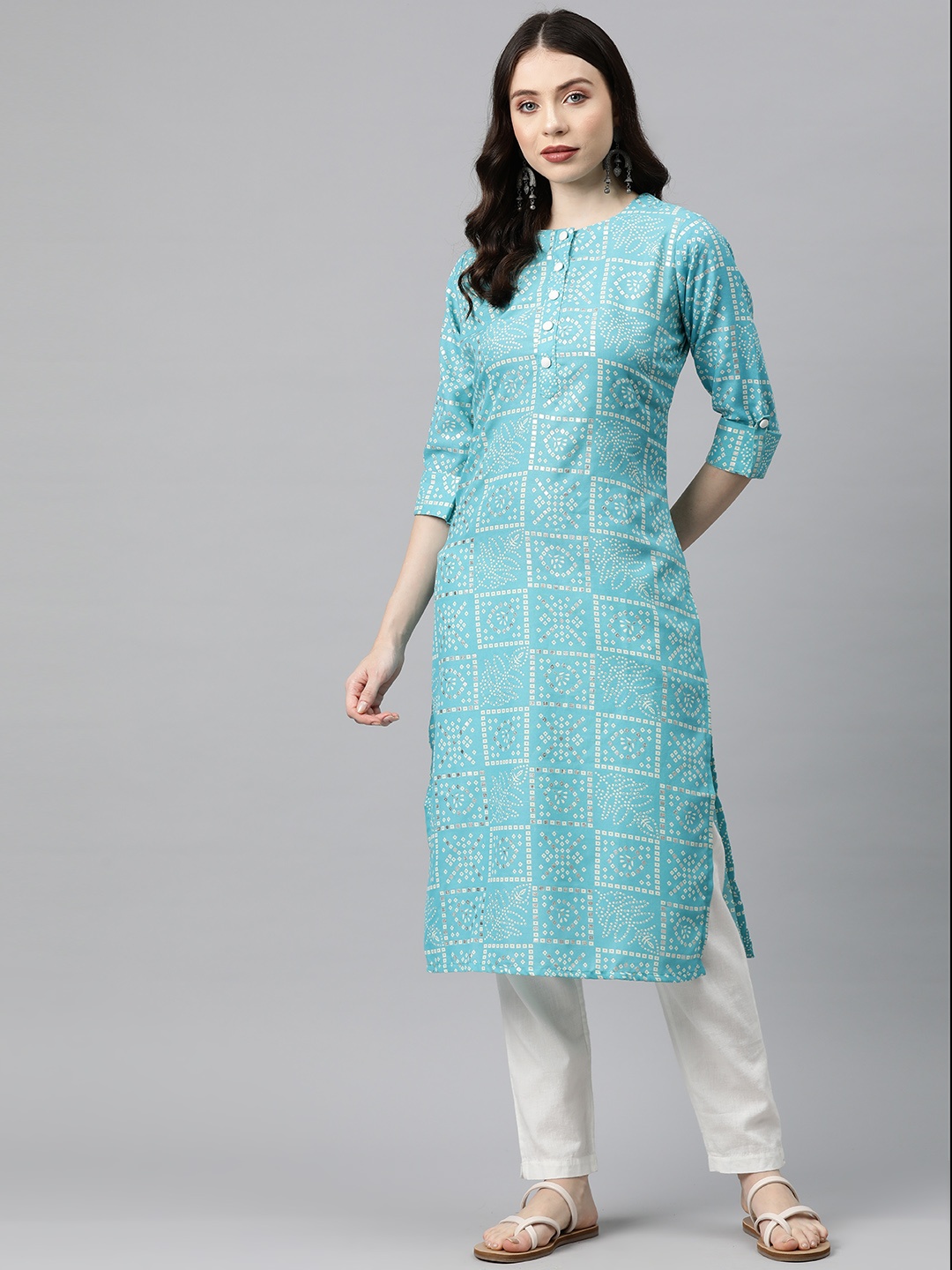 

V TRADITION Women Bandhani Printed Kurta, Turquoise blue