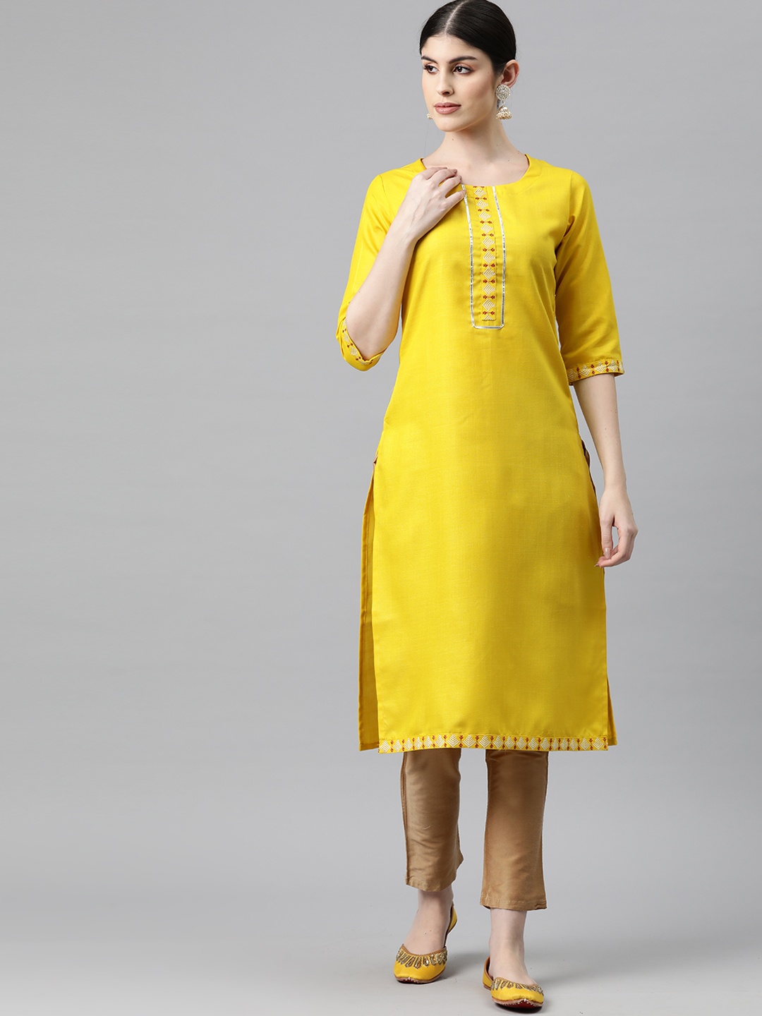 

V TRADITION Women Yellow Yoke Design Gotta Patti Kurta