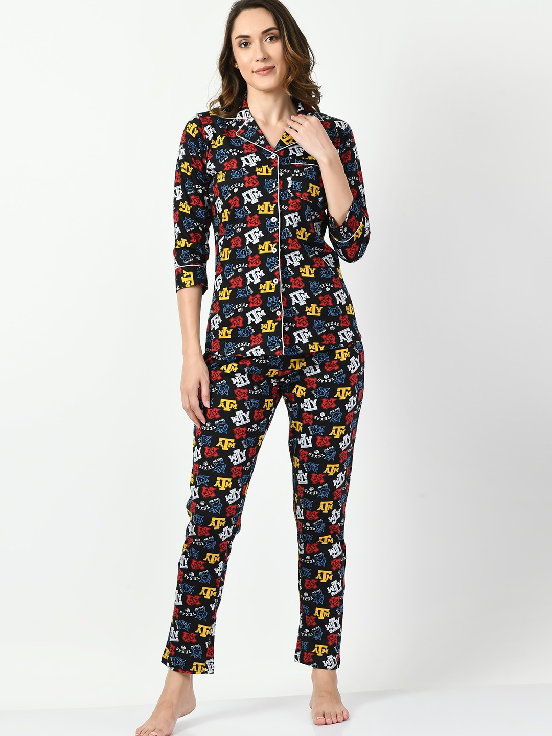 

LADYLAND Typography Printed Night suit, Black