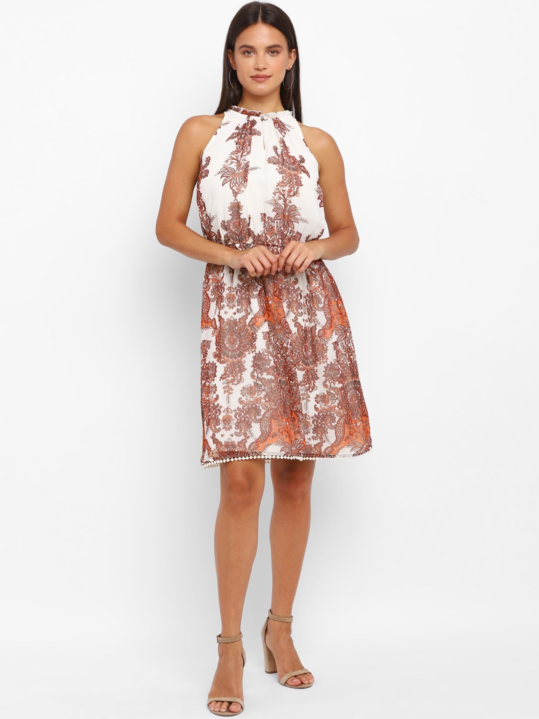 

Taurus Ethnic Motifs Printed Halter Neck A-Line Dress, White