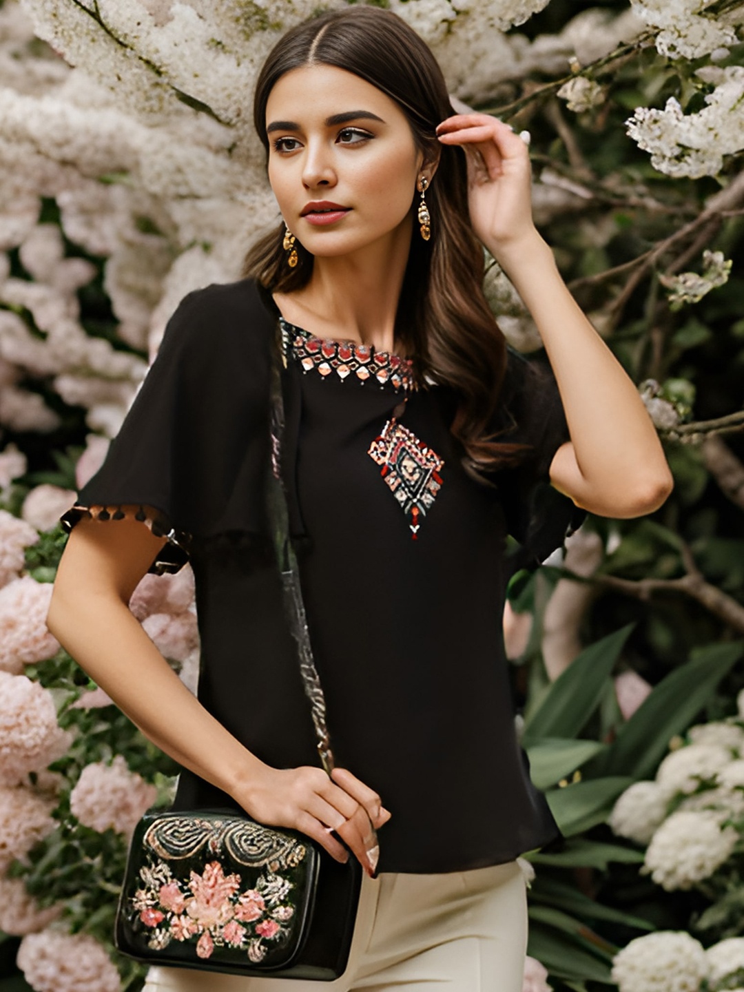 

Taurus Ethnic Motif Embroidered Flared Sleeve Top, Black