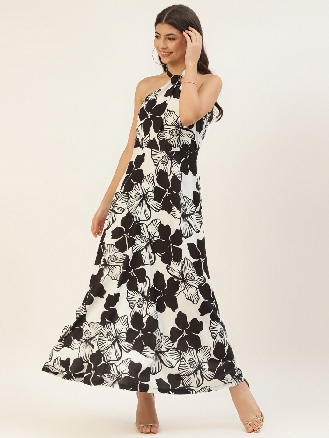 

Taurus Floral Printed Halter Neck Fit & Flare Maxi Dress, Black
