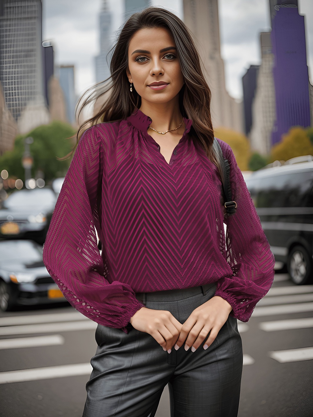 

Taurus Self Design Mandarin Collar Top, Purple