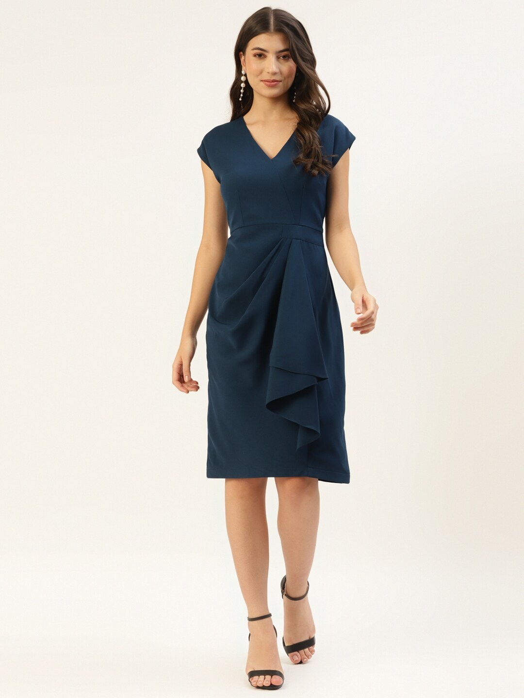 

Taurus V-Neck Cap Sleeves Ruffles Detail Sheath Dress, Teal