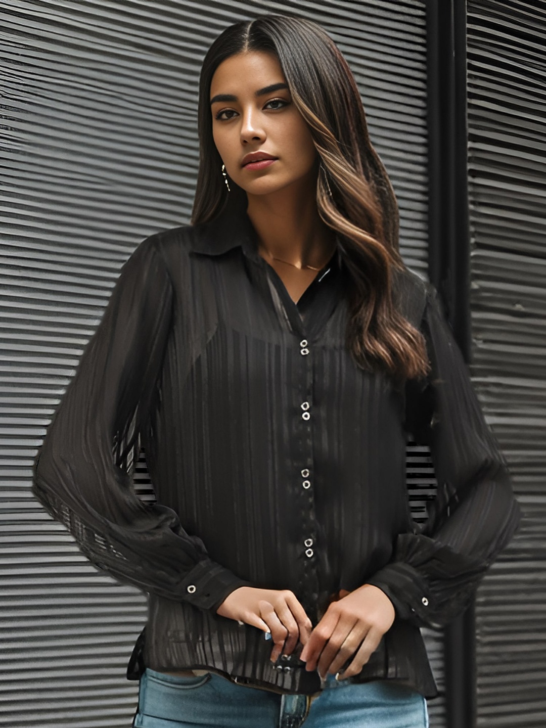 

Taurus Striped Spread Collar Casual Shirt, Black