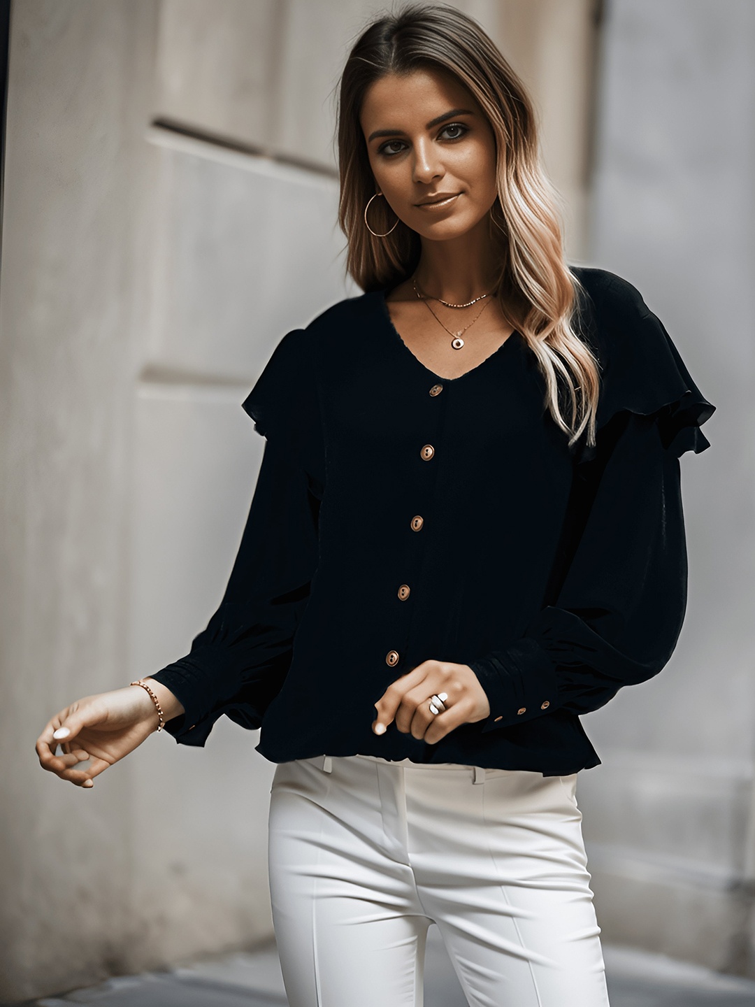 

Taurus Cuffed Sleeve V-Neck Top, Black