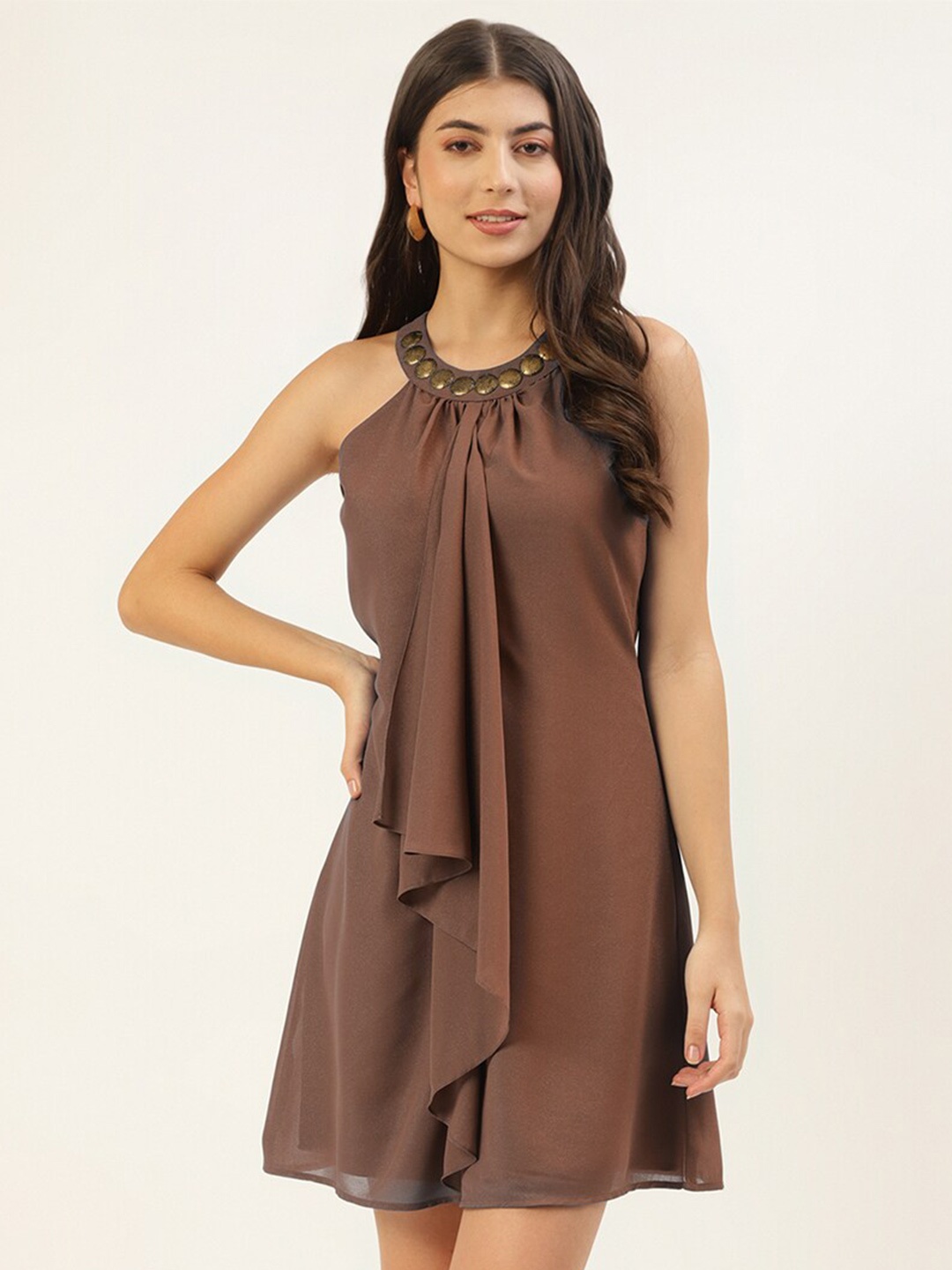 

Taurus Halter Neck Ruffles Detail Mini A-Line Dress, Brown