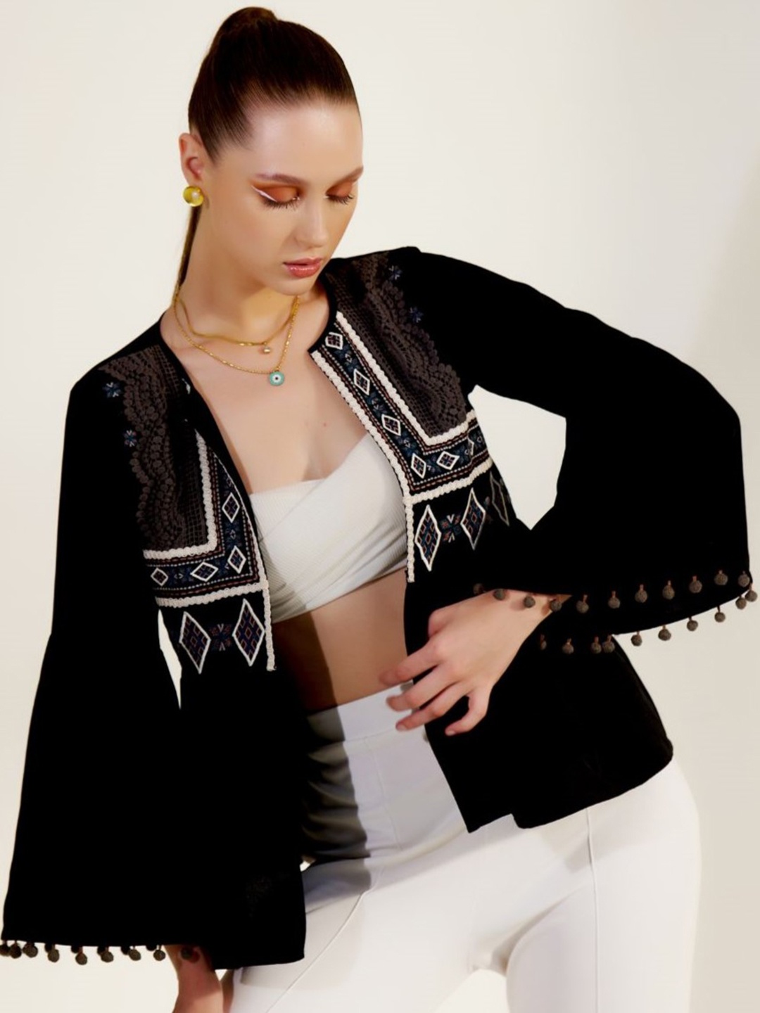 

Taurus Embroidered Long Flared Sleeves Shrug, Black