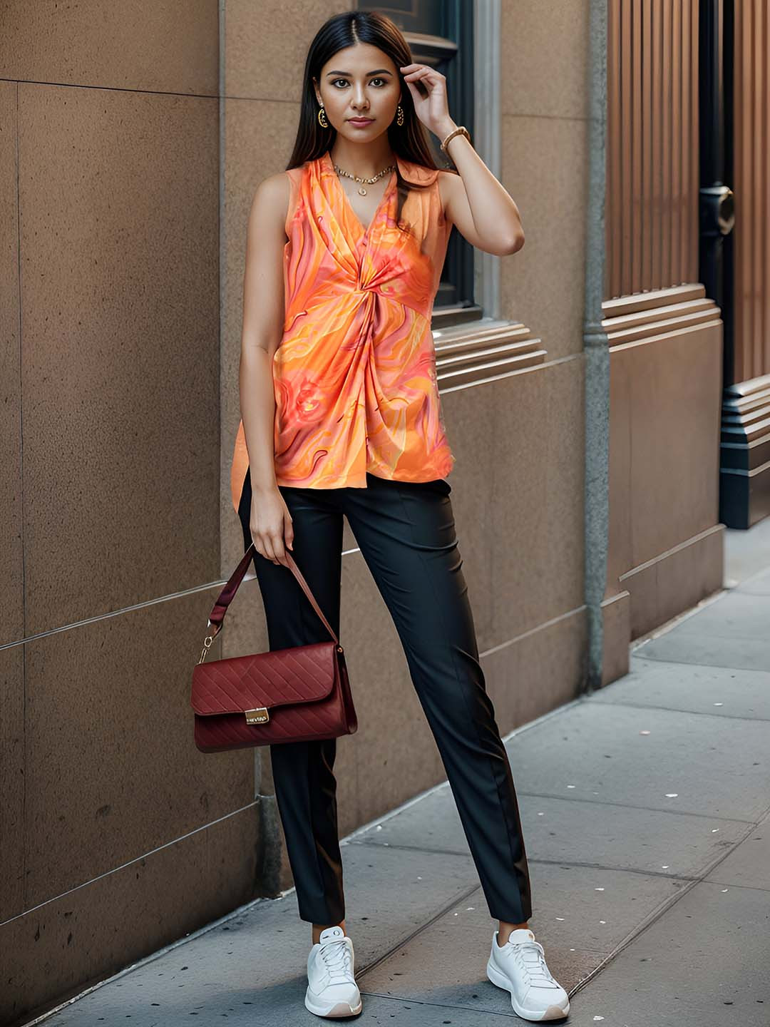 

Taurus Abstract Printed V-Neck Sleeveless Top, Orange