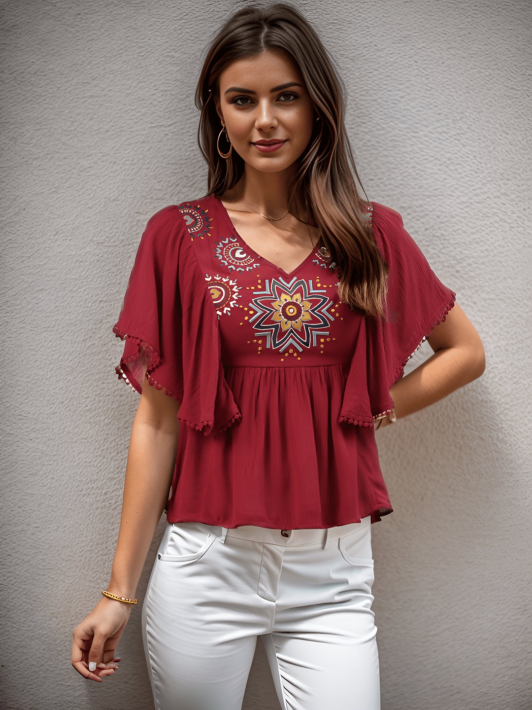 

Taurus Ethnic Motif Embroidered Flutter Sleeve Empire Top, Maroon