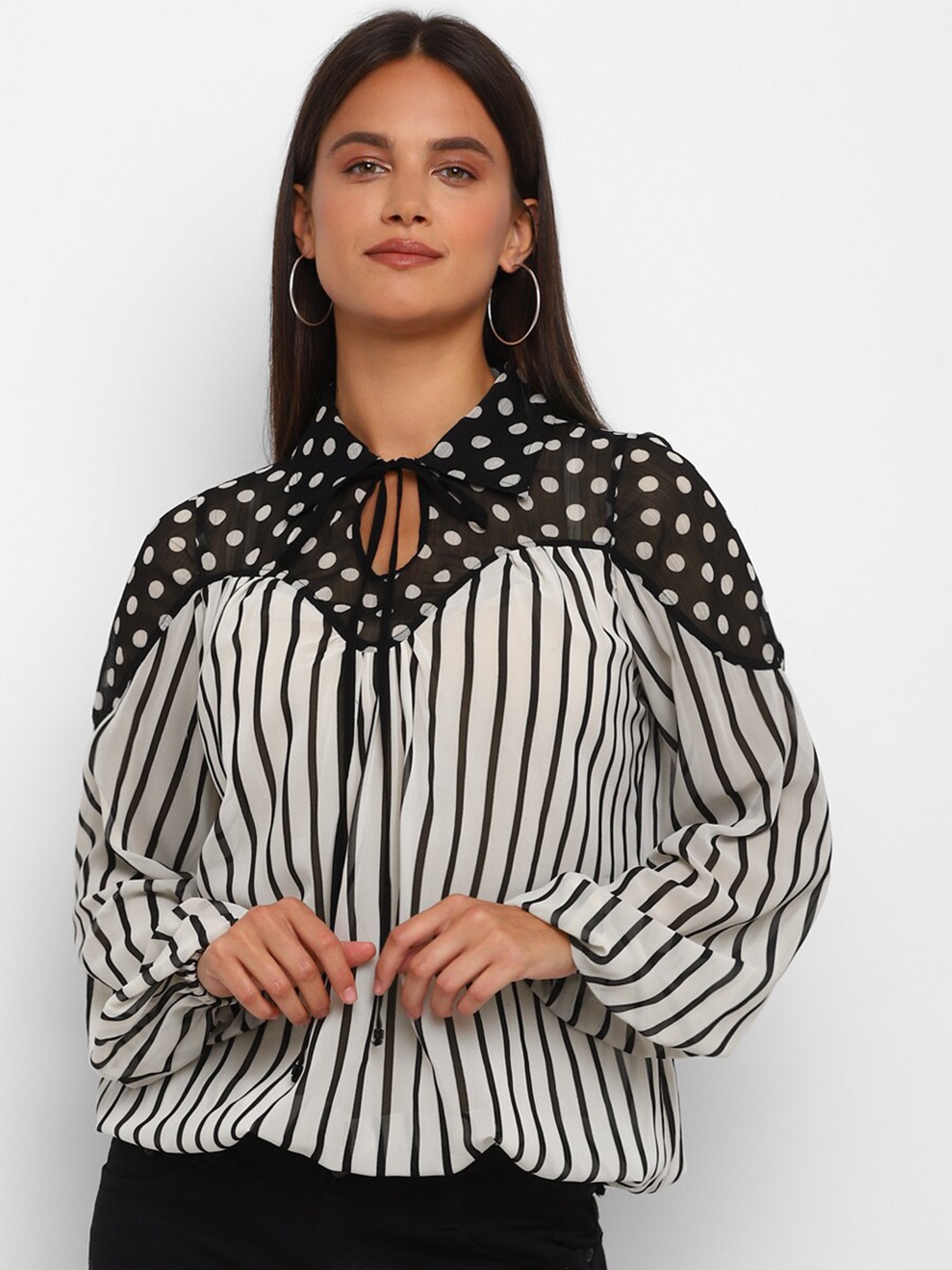 

Taurus Striped Tie-Up Neck Top, White
