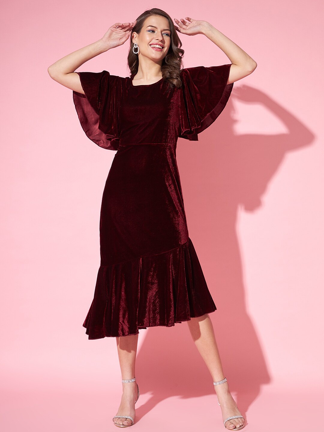 

VAARARO Flared Sleeve Ruffled Detail Fit & Flare Velvet Midi Dress, Maroon