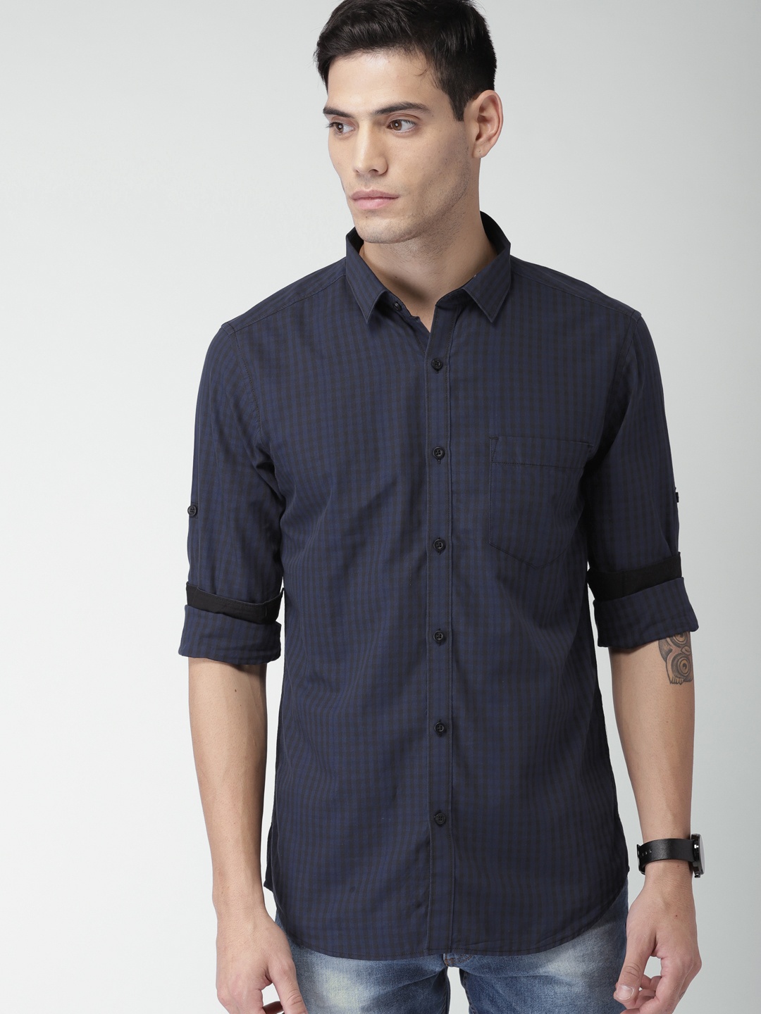 

HIGHLANDER Men Navy & Black Slim Fit Checked Casual Shirt, Navy blue