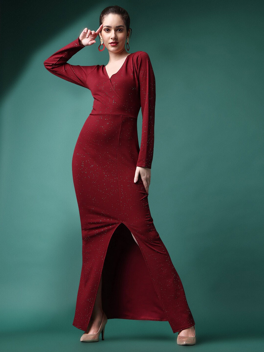 

Ekta Textiles V-Neck Regular Sleeves A-Line Dress, Maroon