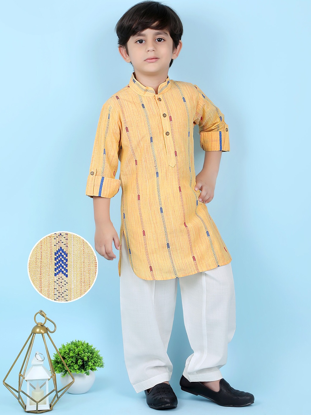 

KIDS FARM Boys Ethnic Motifs Woven Design Pure Cotton Pathani Kurta With Pyjamas, Yellow