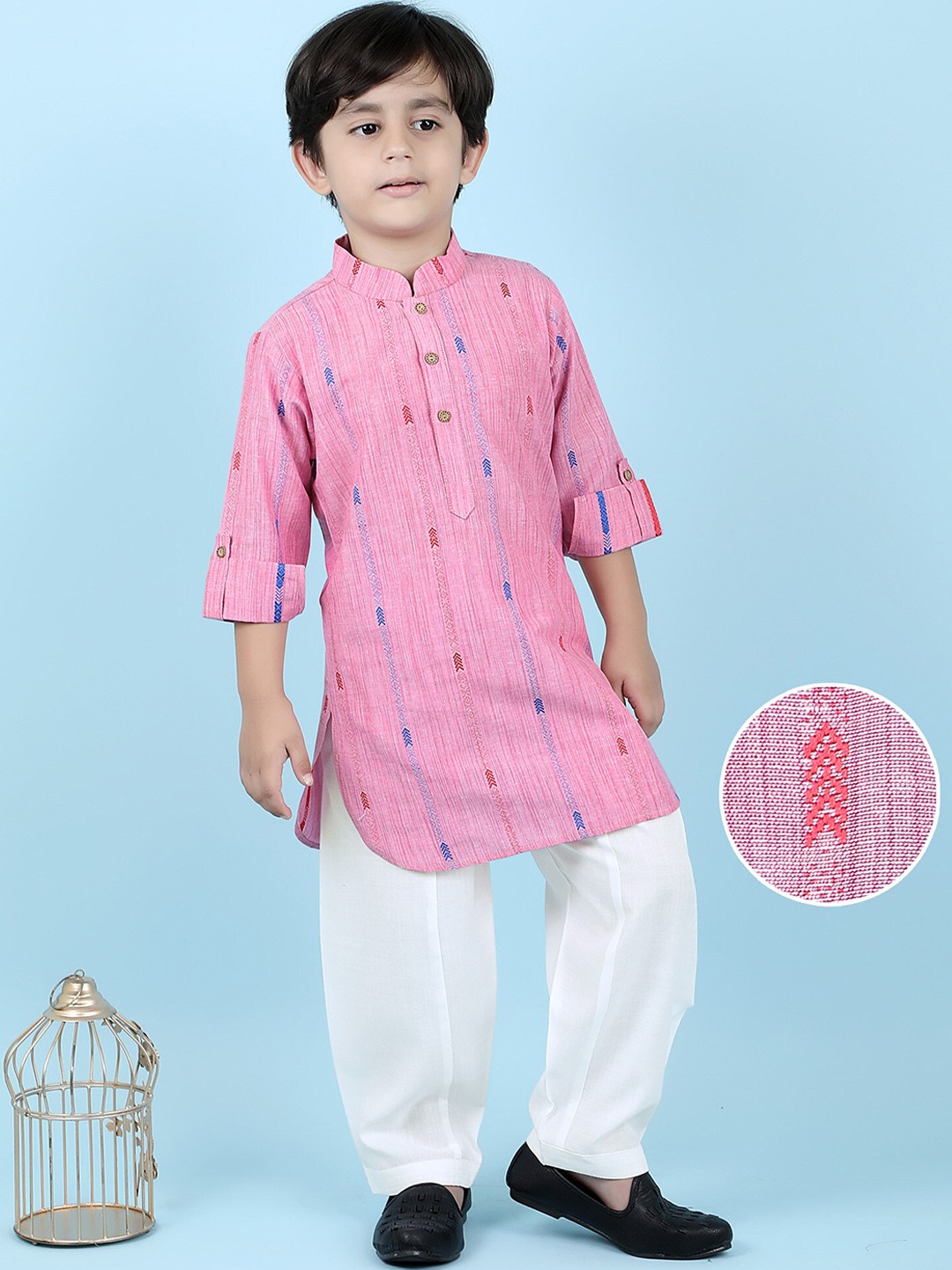 

KIDS FARM Boys Ethnic Motifs Woven Design Pure Cotton Pathani Kurta With Pyjamas, Pink