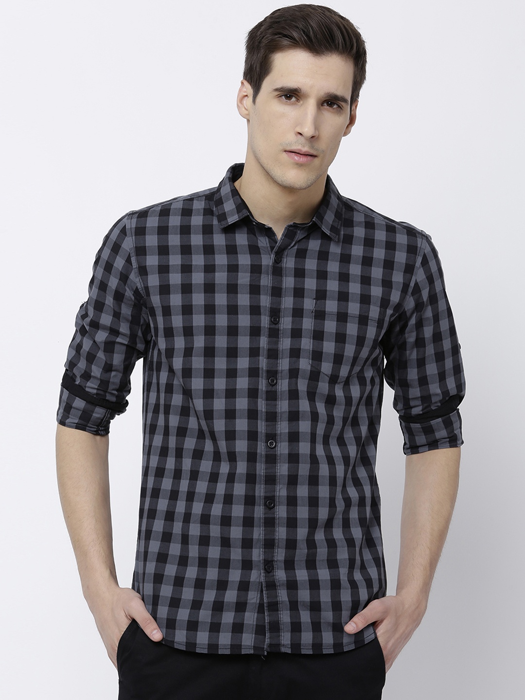 

HIGHLANDER Men Black & Grey Slim Fit Checked Casual Shirt