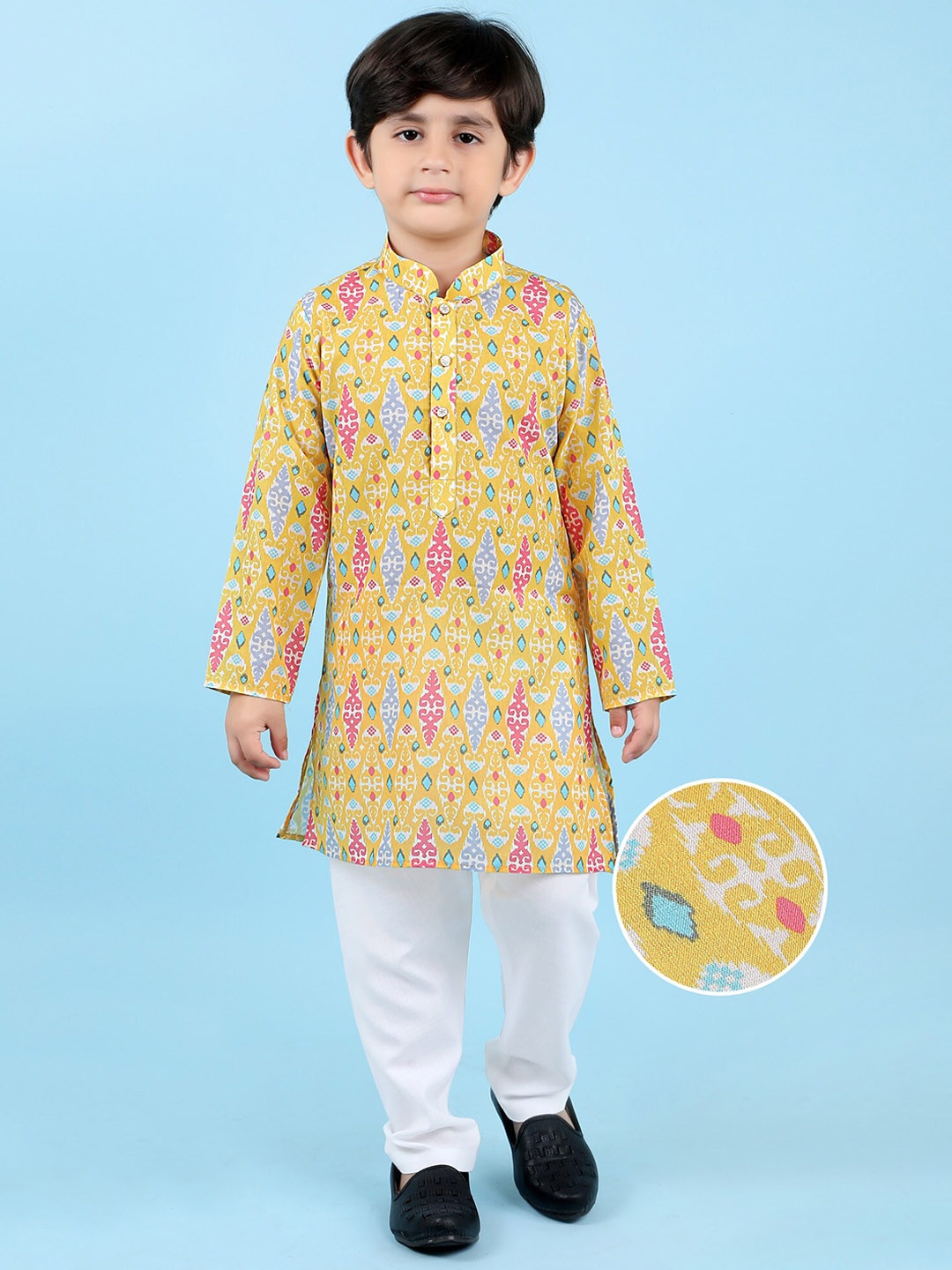 

KIDS FARM Boys Ethnic Motifs Printed Pure Cotton Kurta With Pyjamas, Yellow