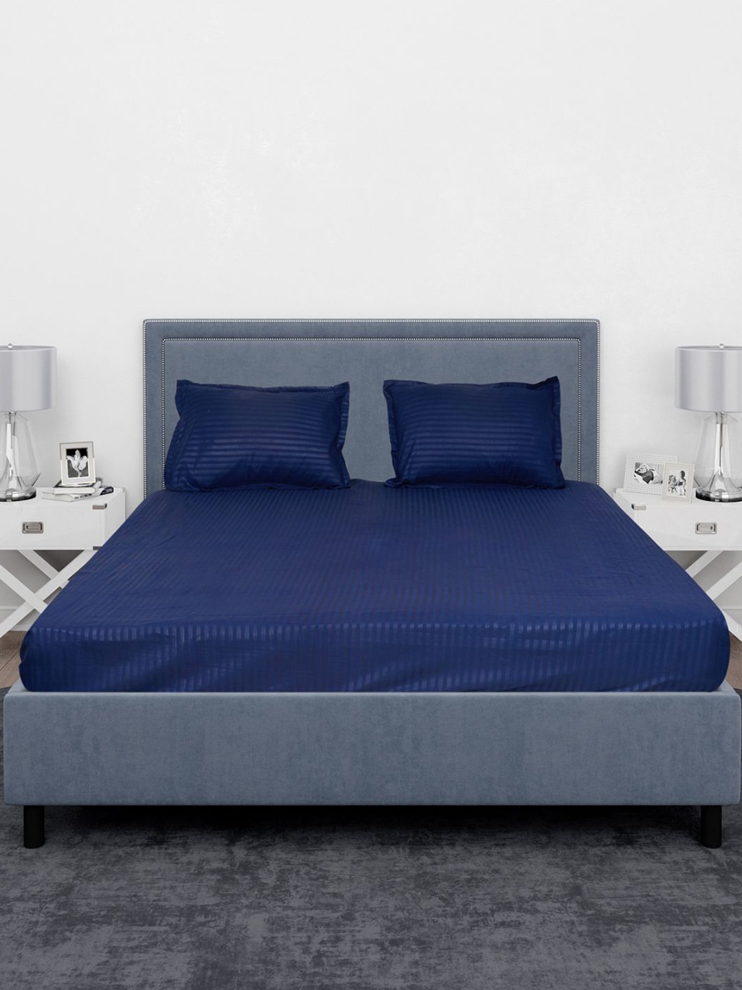 

Black gold Navy Blue Striped Cotton 220 TC King Bedsheet With 2 Pillow Covers