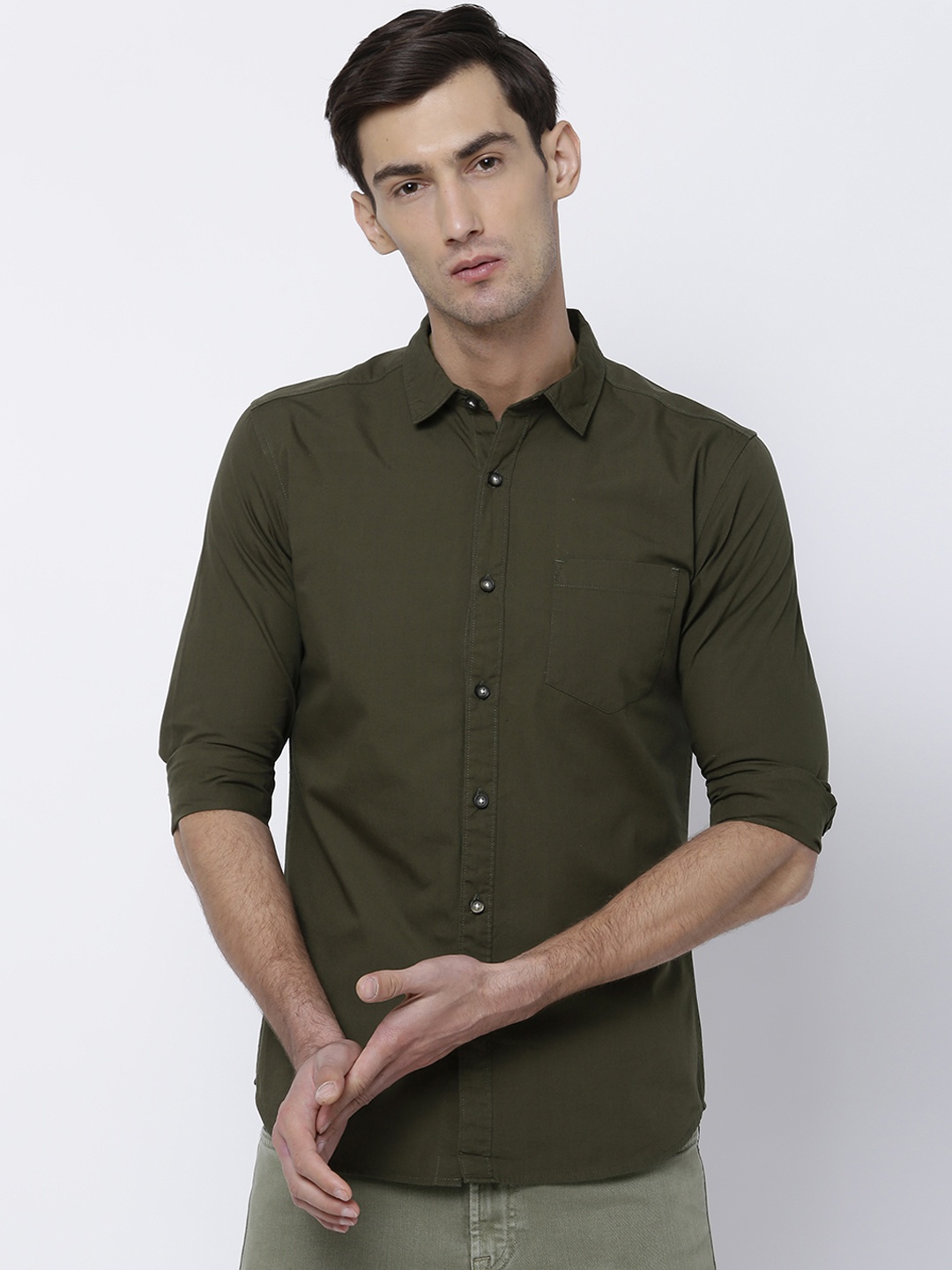 

HIGHLANDER Men Olive Green Slim Fit Solid Casual Shirt
