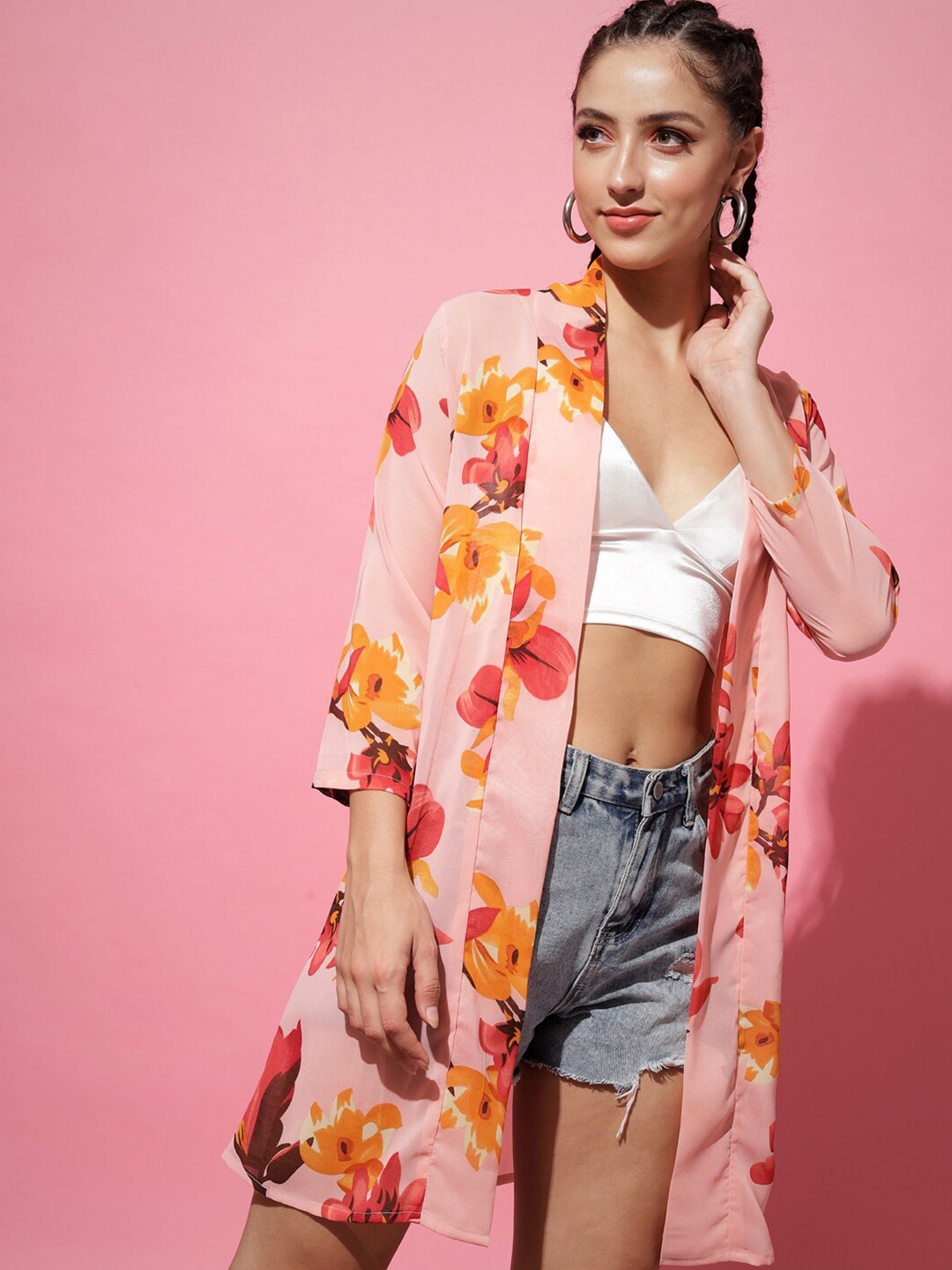 

BAESD Floral Printed Longline Shrug, Peach