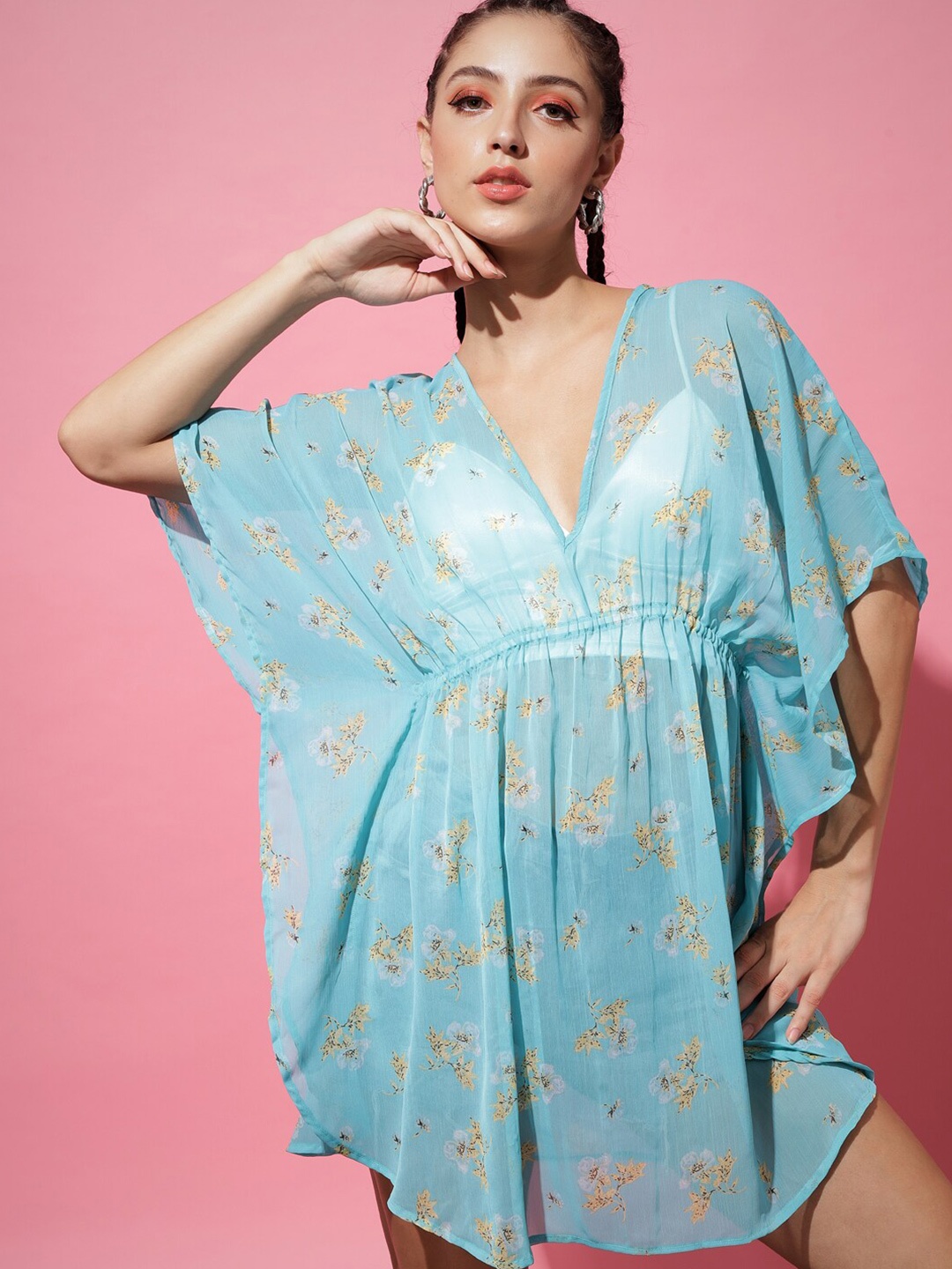 

BAESD Floral Printed V-Neck Flared Sleeves Kaftan Mini Dress, Blue