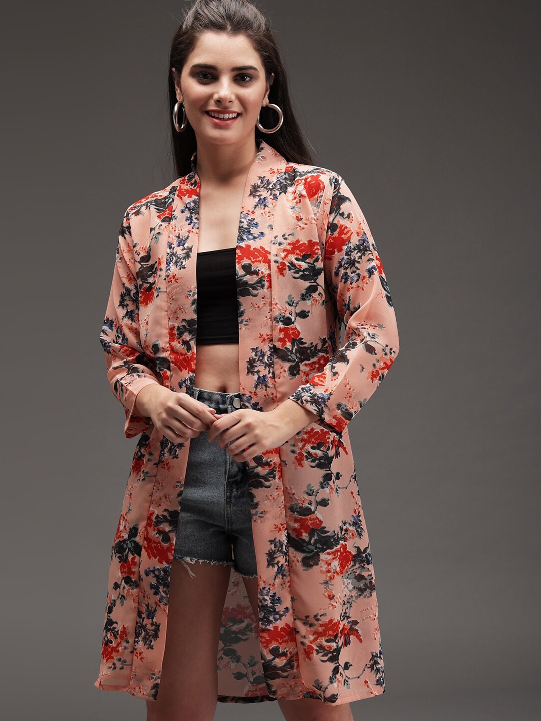 

BAESD Floral Printed Longline Shrug, Peach