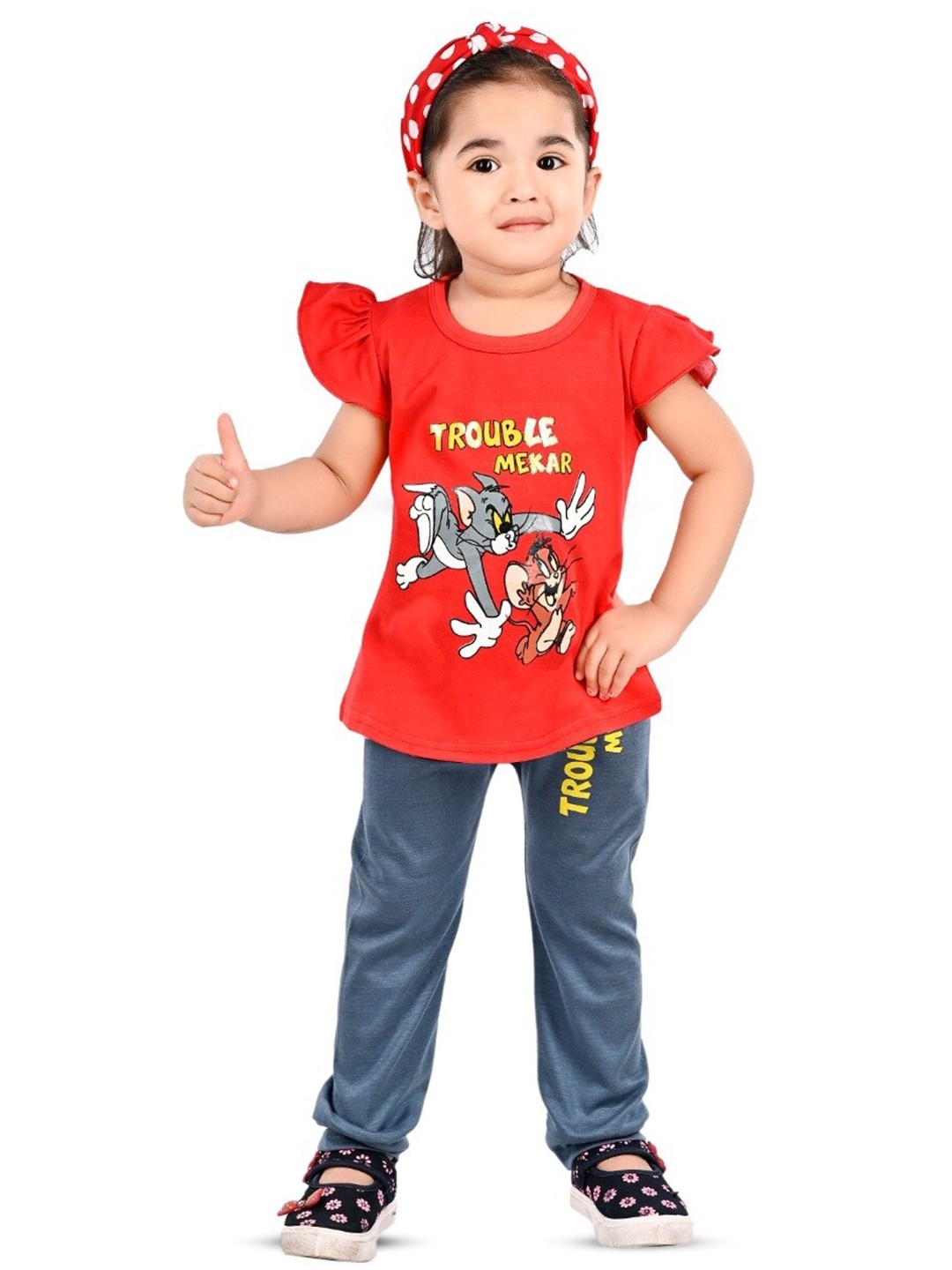 

BAESD Girls Tom & jerry Printed Pure Cotton T-Shirt With Trousers, Red