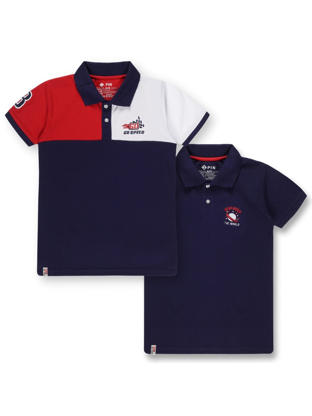 

3PIN Boys Pack of 2 Polo Collar Cotton T-shirts, Navy blue