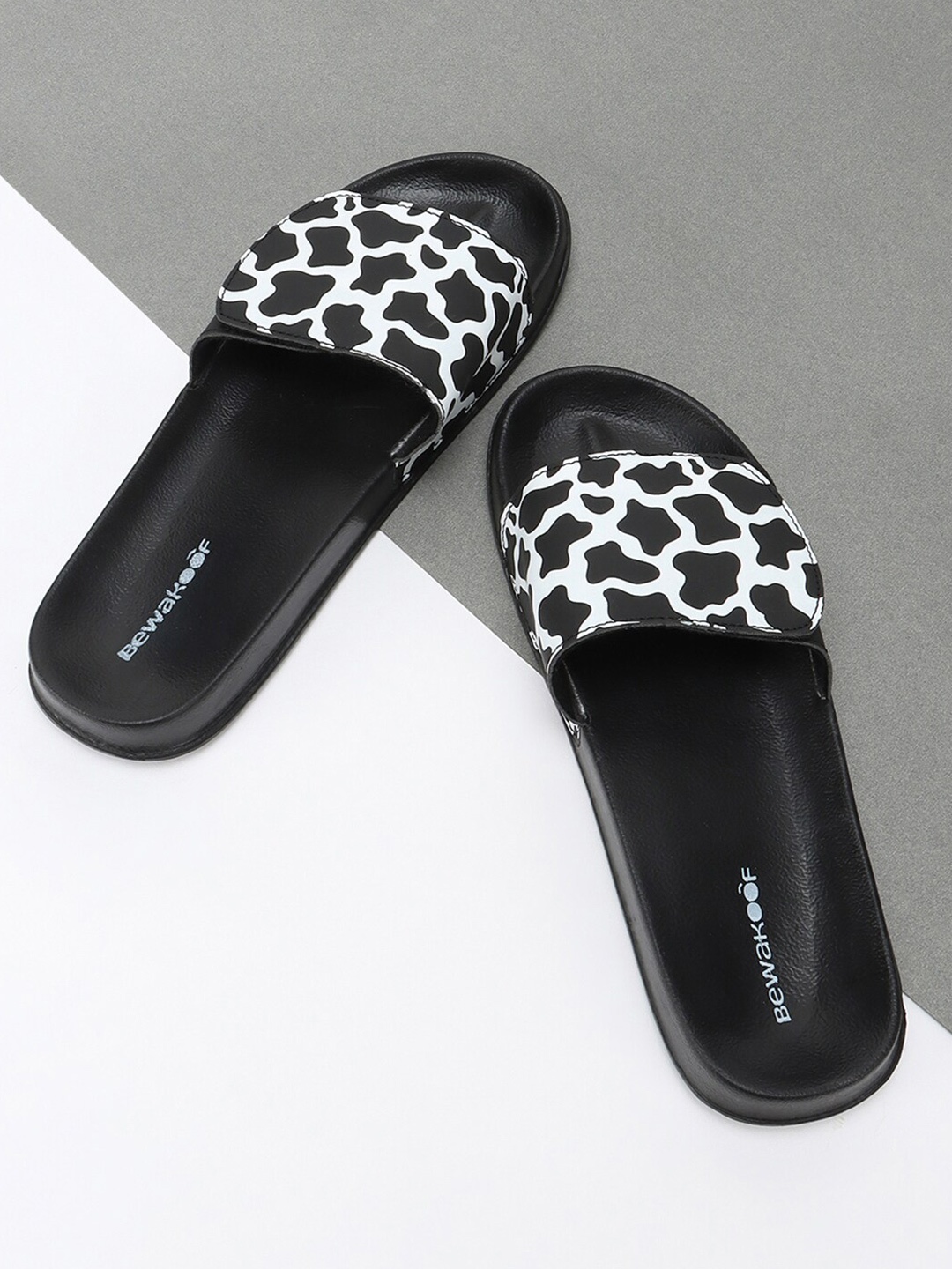 

Bewakoof Women Black & White Camo Printed Sliders