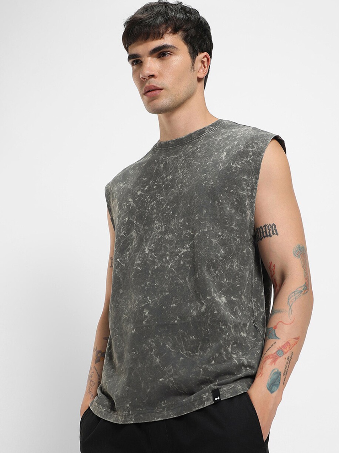 Bewakoof Charcoal Printed Cotton Oversized Gym Vest