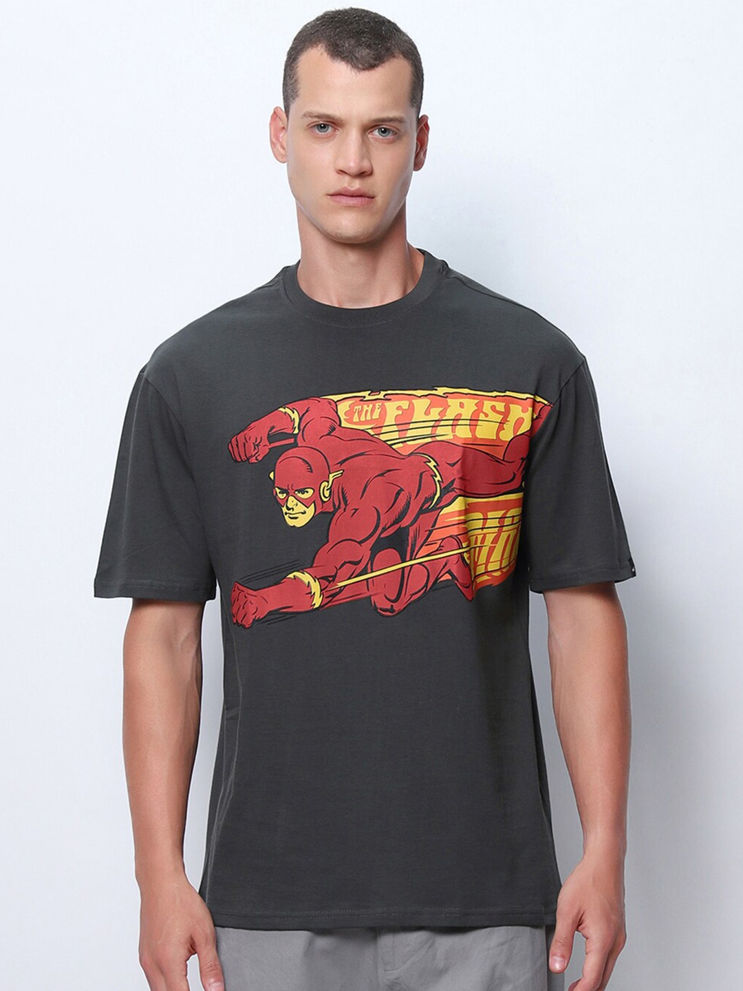 

Bewakoof Grey Flash Graphic Printed Oversized Pure Cotton T-Shirt