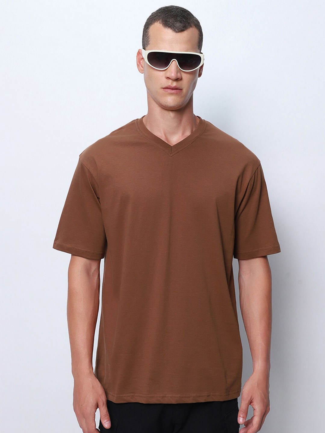 

Bewakoof V-Neck Pure Cotton Oversized Casual T-Shirt, Brown