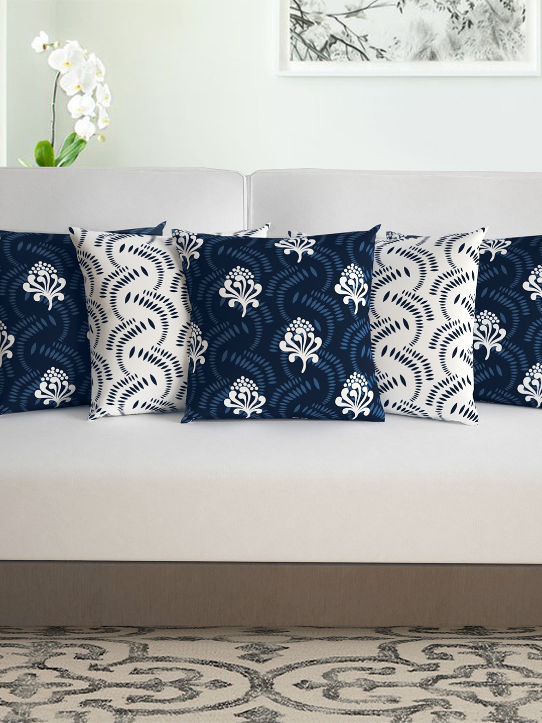 

Divine Casa Harmony Navy Blue & White 5 Pieces Square Cushion Covers
