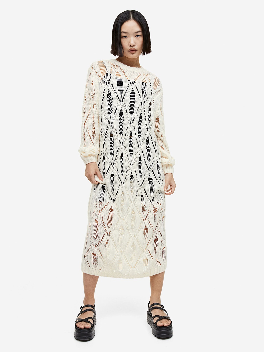 

H&M Ladder Stitch-Look Knitted Dress, Off white