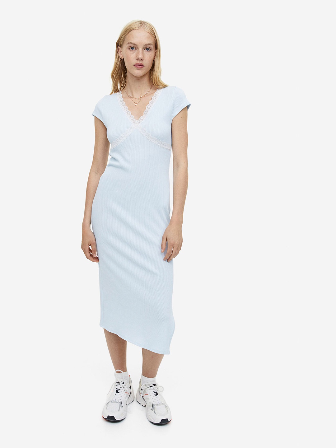 

H&M Lace-Trimmed Ribbed Dress, Blue