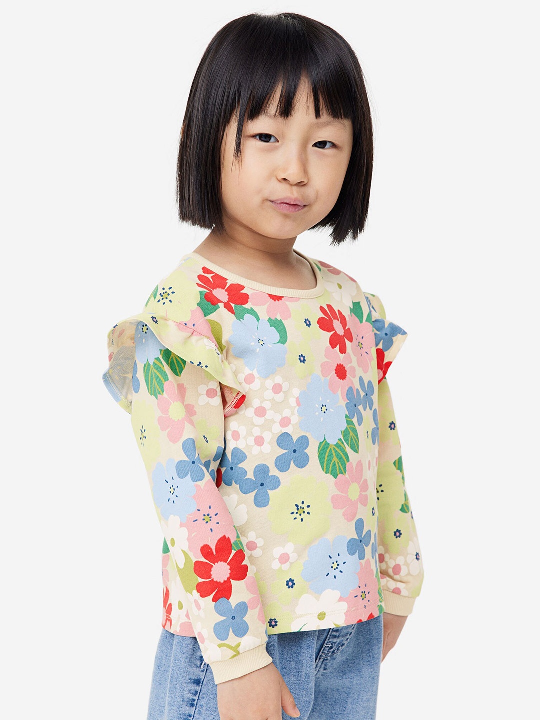 

H&M Girls Pure Cotton Flounce-Trimmed Sweatshirt, White